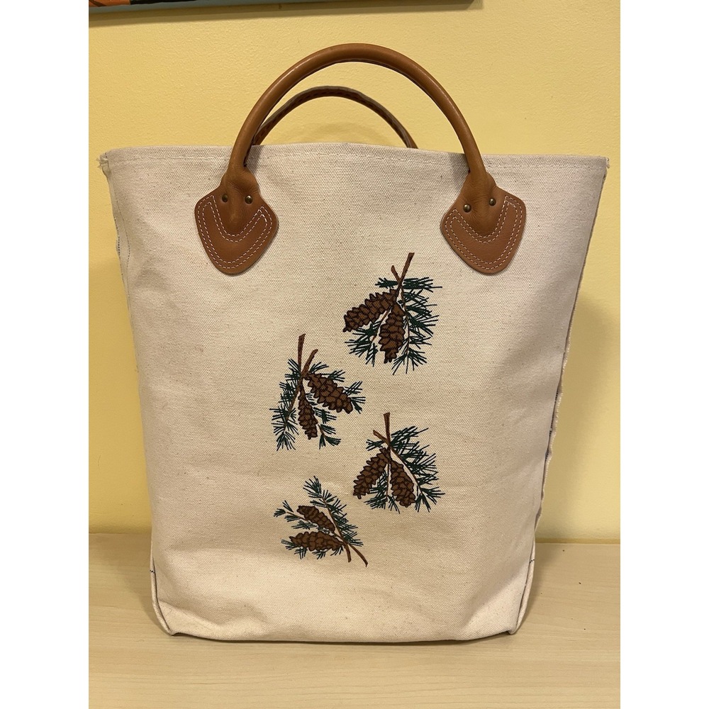 RARE VTG 80s LL Bean Tote Canvas Leather Handles Pine Cone Graphic